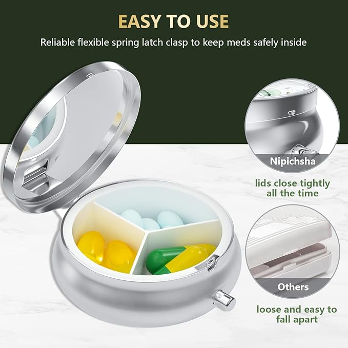 Nipichsha Pill Box, Small Pill Case for Purse & Pocket, Cute Travel Medicine Organizer, Portable Medicine Container Holder to Hold Vitamins, Medication, Fish Oil & Supplement, Eucalyptus Leaf