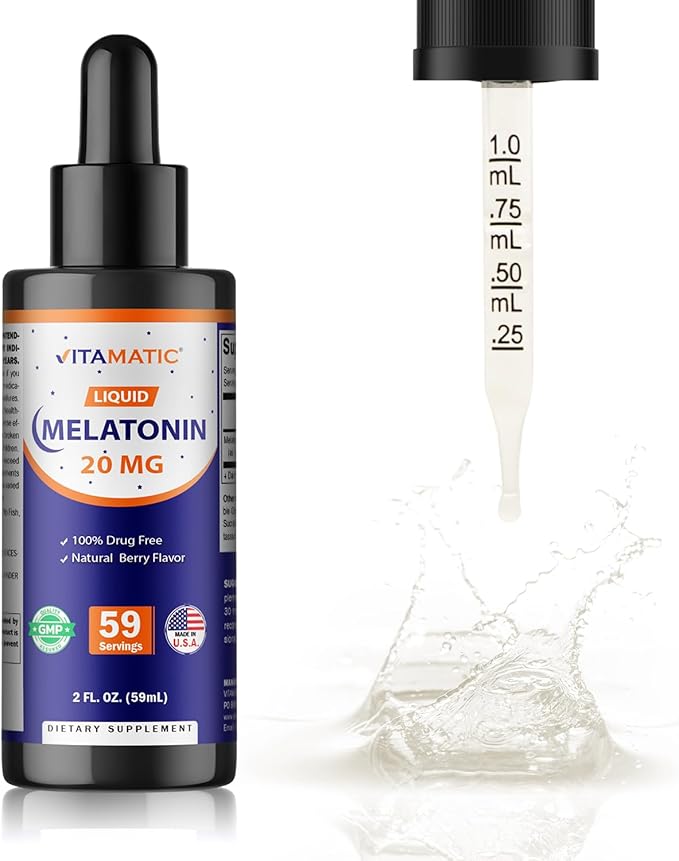 Vitamatic Melatonin 20mg Liquid Drops – 2 Fluid Ounce (59ml) – Natural Berry Flavor – for Adults – Non-GMO – Vegetarian Supplement