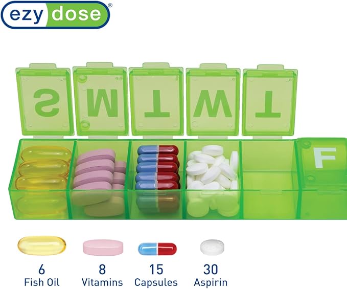 EZY DOSE Weekly (7-Day) Pill Case, Medicine Planner, Vitamin Organizer Box, Convenient and Easy to Use, X-Large Compartments, Travel Friendly, Green, BPA Free
