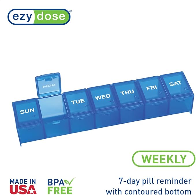 EZY DOSE Weekly (7-Day) Daily Pill Case, Medicine Planner, Vitamin Organizer, Supplement Container, Convenient and Easy to Use, Large Compartments, Travel Friendly, Blue, Made in the USA, BPA Free