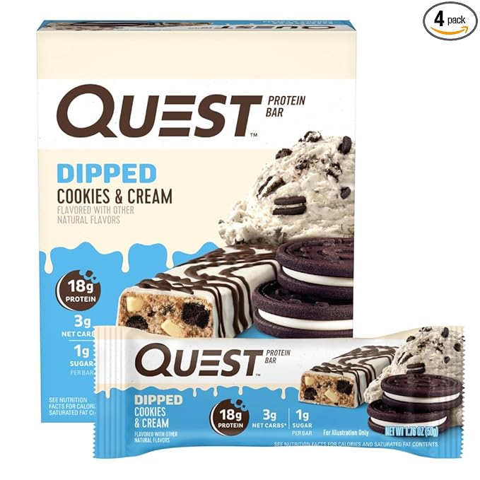 Quest Nutrition Dipped Cookies & Cream Protein Bars, High Protein, Low Carb, Gluten Free, Keto Friendly, 4 Count