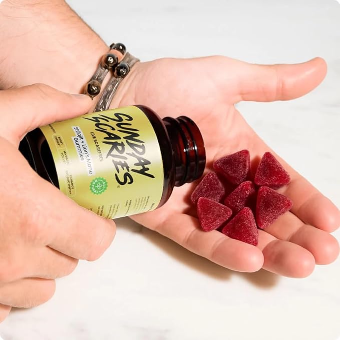 Sunday Scaries® 2-in-1 Shilajit Gummies | 300mg Shilajit + 500mg Lion's Mane Extracts | Highly Rated for Energy & Flow-State Focus | All-Natural, Vegan, Allergen-Free | Natural Raspberry Flavor