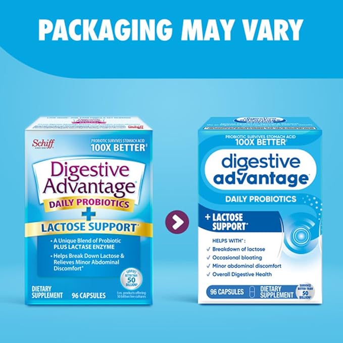 Digestive Advantage Lactose Defense Enzymes + Probiotics for Women & Men Occasional Bloating, Lactose Breakdown, Minor Abdominal Discomfort, Immune Support, 96 Count Capsules (4 Pack)