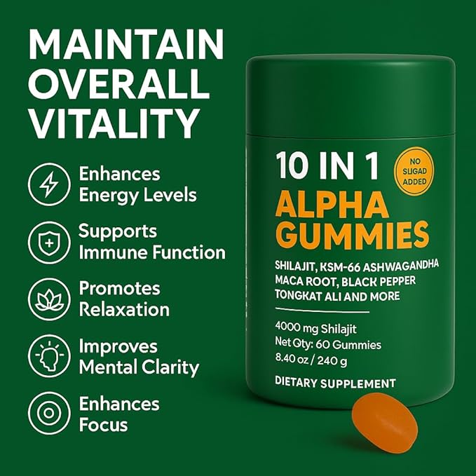 10-in-1 True Alpha Shilajit Gummies, 4000mg Himalayan Alpha Gummies for Men, Energy Boost, Immune Support, with Ashwagandha, Maca Root, Tongkat Ali, Fulvic Acid, 85+Trace Mineral, No Added Sugar, 60ct