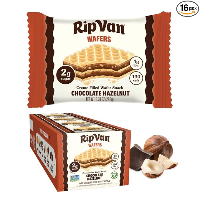 Rip Van Chocolate Hazelnut Wafer Cookies, Keto, Non-GMO, Healthy Snacks, Low Carb & Low Sugar (2g), Low Calorie, Vegan, 16 Count