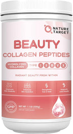 NATURE TARGET Beauty Collagen Peptides Powder for Women, Multi Collagen Powder with Vitamin C, Biotin, Hyaluronic Acid – Unflavored, Keto Friendly, Easy Dissolve, Non-GMO, 50 Servings