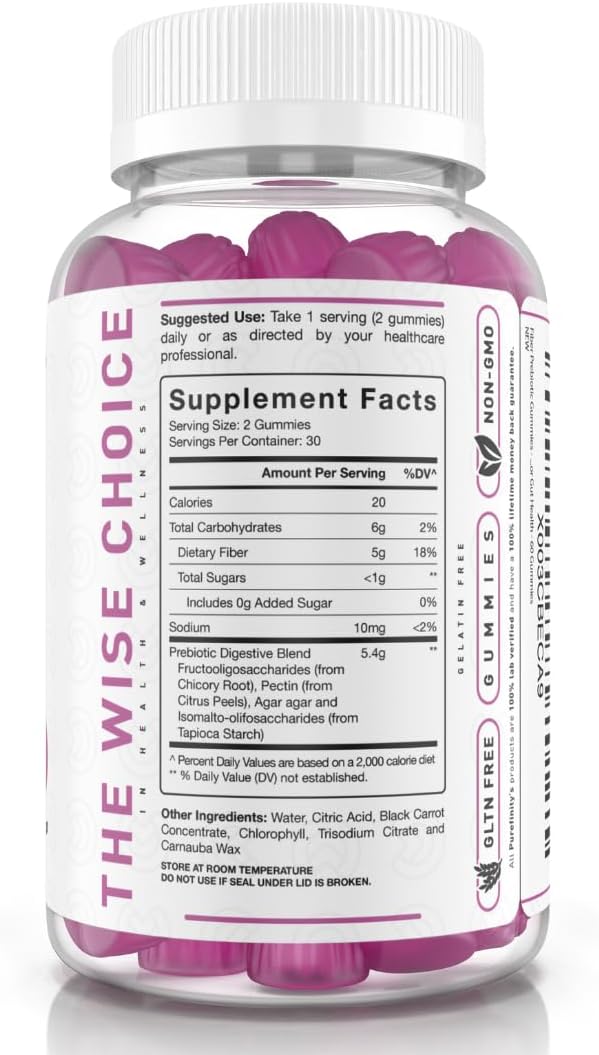 PUREFINITY Fiber Gummies for Adults with Inulin FOS from Chicory Root, Sugar Free Prebiotic Supplement for Daily Digestion & Constipation Support – Non-GMO, Vegan, 60 Count