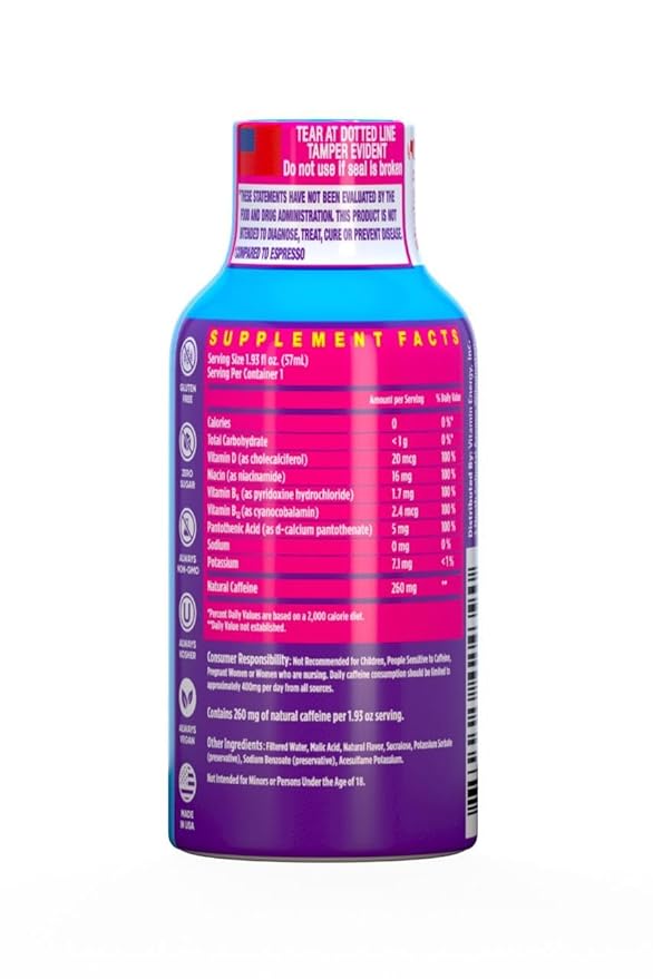Vitamin Energy Vitamin D Extra Strength Energy Shot Mixed Berry 10 Pack, 260mg Natural Caffeine, B-Complex, Vitamin D, Wellness Support, Keto, Zero Sugar, Gluten-Free Vegan Kosher, 1.93 fl oz