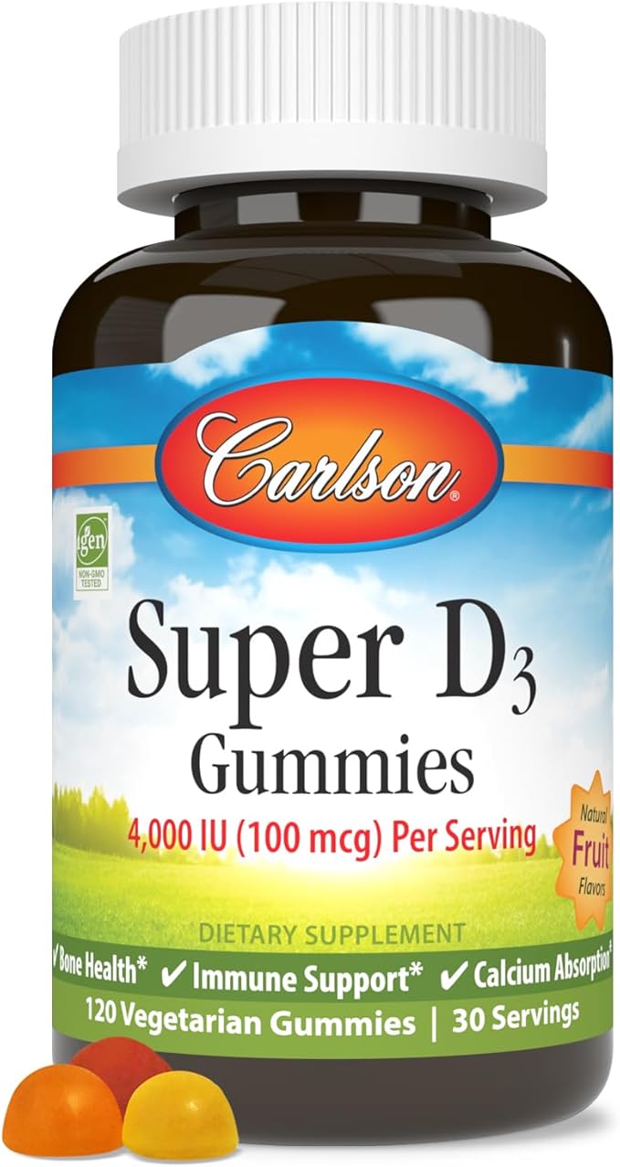 Carlson - Super D3 Gummies 4,000 IU (100 mcg), Bone Health, Immune Support & Calcium Absorption, Natural Fruit Flavors, 120 Vegetarian Gummies