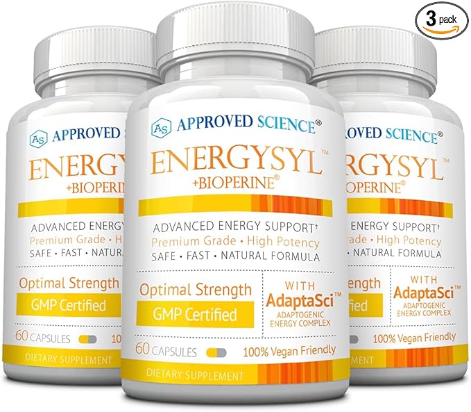 Approved Science Energysyl - Caffeine Free - with Adaptogens, B Vitamins, and Bioperine - 3 Month Supply - 180 Capsules