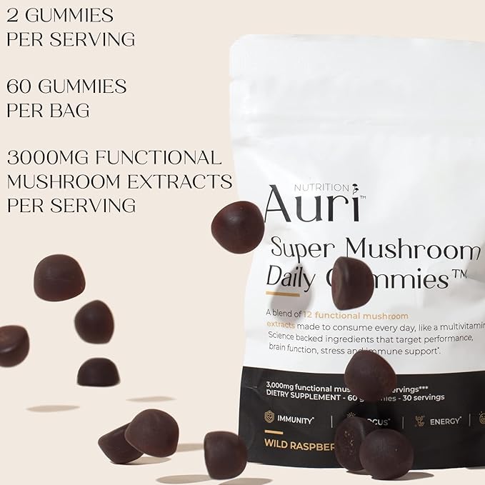 Auri Nutrition Super Mushroom Daily Gummies – All-in-One Functional Gummy with 12 Mushroom Blend Including Lion’s Mane, Reishi, Chaga & Cordyceps – 60 Gummies
