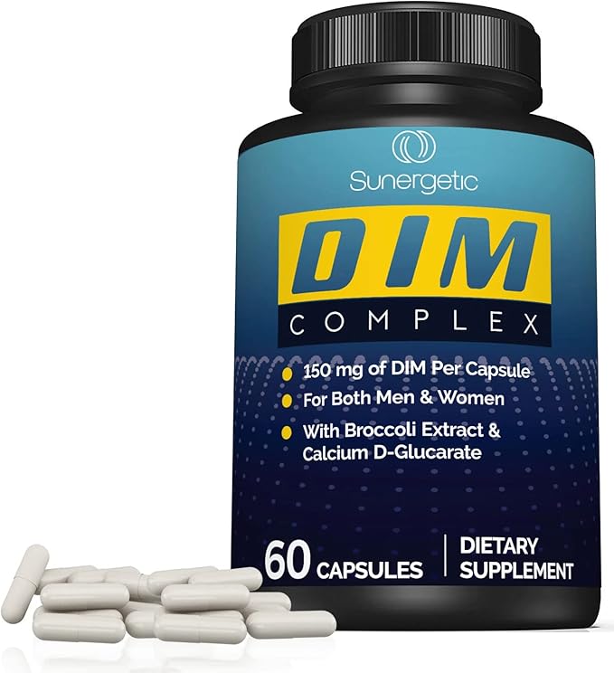 Sunergetic Premium DIM Supplement – 150mg diindolylmethane, Broccoli, Calcium D-Glucarate & Bioperine for Men & Women – DIM Complex for Menopause Support & Balance - 60 Capsules
