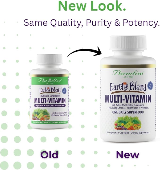 Paradise Herbs Earth's Blend Once Daily Multivitamin, No Iron, 48 Organic Superfoods, Probiotics, Antioxidants, Vitamins A, B12, C, D, K2, 30 Count