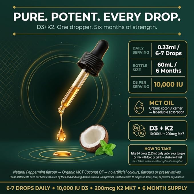 Vitamin D3 + K2 Drops 10,000 IU D3 with 200mcg K2 (MK7), Peppermint Flavour, Organic MCT Coconut Oil, 60mL, 6 Month Supply