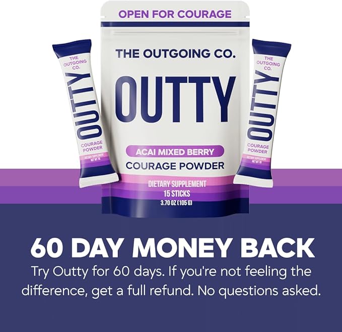 OUTTY Courage Powder Social Energy & Mood Support Drink Mix With Taurine, L-Theanine & Oroxylin A Stress Relief, Mental Clarity & Alcohol Alternative Acai Mixed Berry (15 Stick Packs)