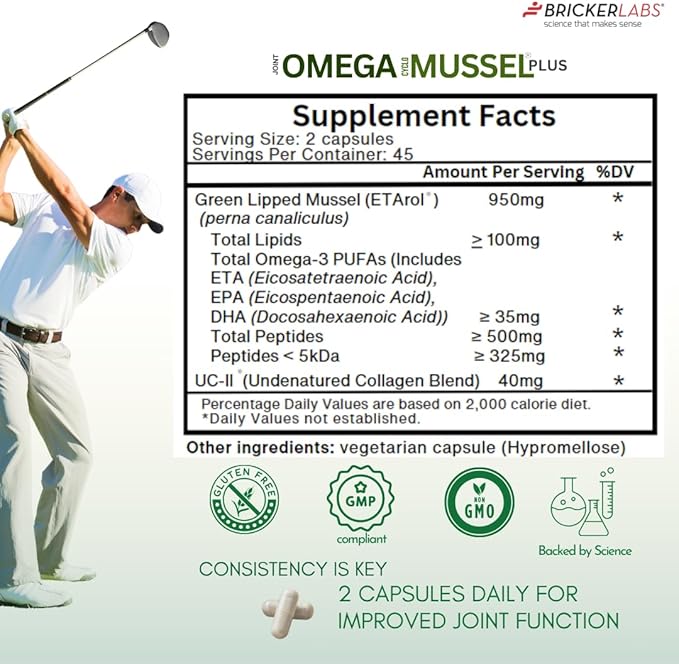 Bricker Labs Omega Cyclo - Mussel Plus UC-II, Premium NZ Green Lipped Mussel Plus UC-II Undenatured Type II Collagen, the Ultimate Joint Supplement for Joint Health and Comfort, 90 Capsules