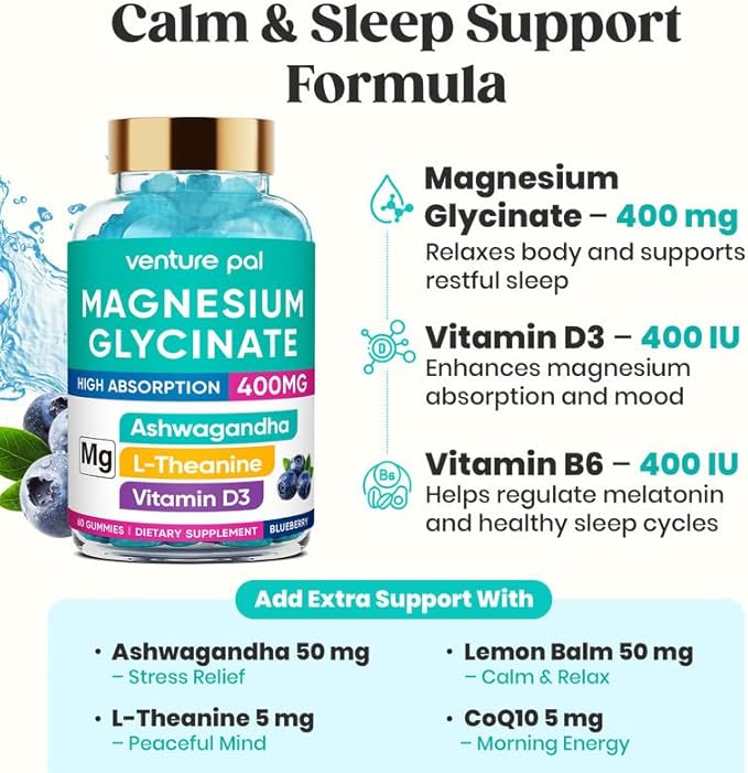 60 Day Supply Magnesium Glycinate 400mg Gummies with Ashwagandha, L-Theanine, CoQ10, Vitamin D3 & B6, Sugar Free Magnesium Gummies for Adults & Kids, Stress Relief, Sleep & Calm, Vegan, Gluten Free