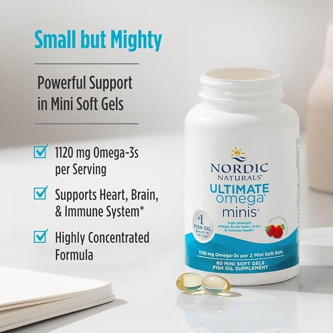 Nordic Naturals Ultimate Omega Minis, Strawberry Flavor - 60 Minis Soft Gels - 1120 mg Omega-3 - High-Potency Fish Oil Supplement - EPA & DHA - Promotes Brain & Heart Health - 30 Servings