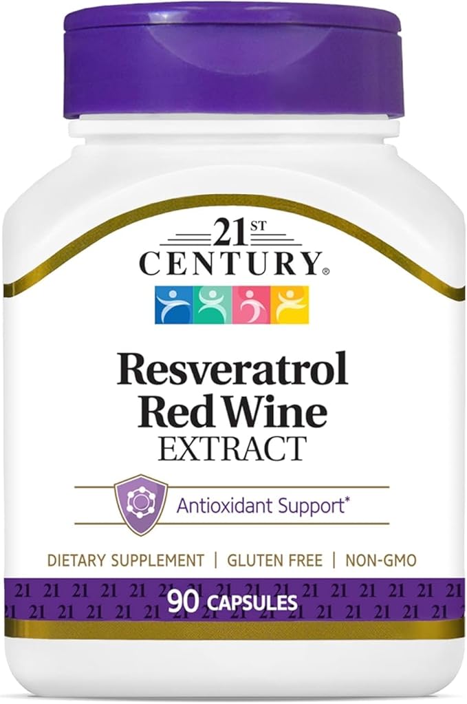 21st Century Resveratrol Red Wine Extract Capsules (90 Count), Resveratrol Supplement with Grapeseed Extract, Polyphenols, & Vitamin C for Antioxidant Support, Gluten-Free & Non-GMO, No Added Sugar