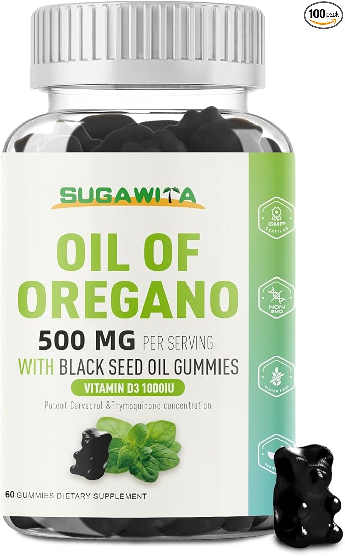 Oregano Oil Gummies, 3-in-1 Oil of Oregano with Black Seed Oil Gummies, Organic Oregano Chewable Supplements with Vitamin D3-60 Counts