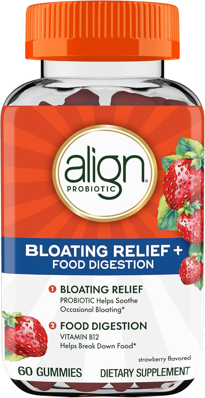 Align Probiotic, Bloating Relief + Food Digestion, Probiotics for Women and Men, Probiotic Helps Soothe Occasional Bloating*, with Vitamin B12 to Help Break Down Food into Cellular Energy*,60 Gummies