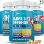 Immune Support 8 in 1 Capsules - Zinc Supplement, Vitamin D3, Vitamin C and Elderberry - Immune Booster Supplement with Echinacea, Ginger Root, and Turmeric - [3-Pack, 180 Count]