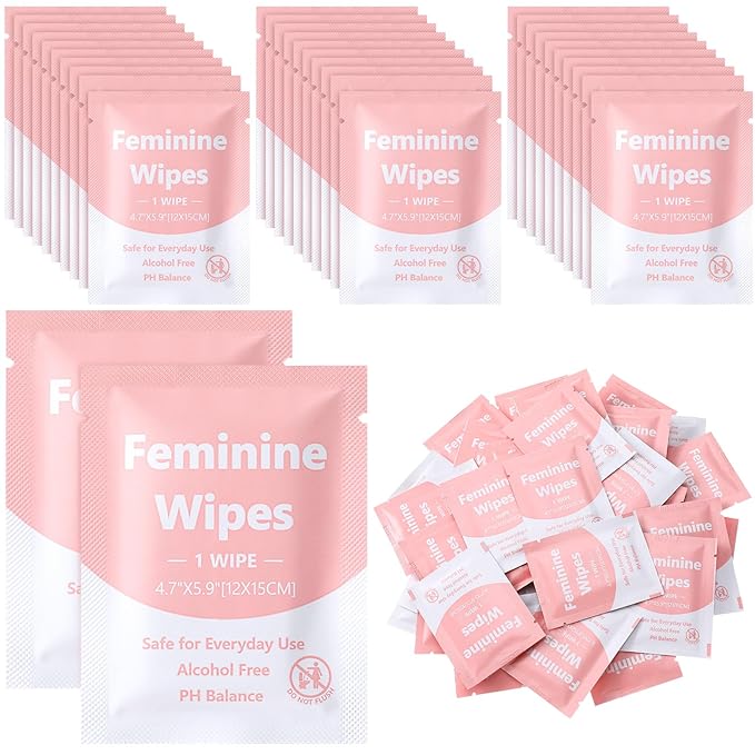 300 Pieces Feminine Wipes Individually Wrapped Women Travel Size Bulk Unscented Intimate Wipes Mild Private Parts Ph Balanced for Travel Bathroom Toilet Daily(Pink)