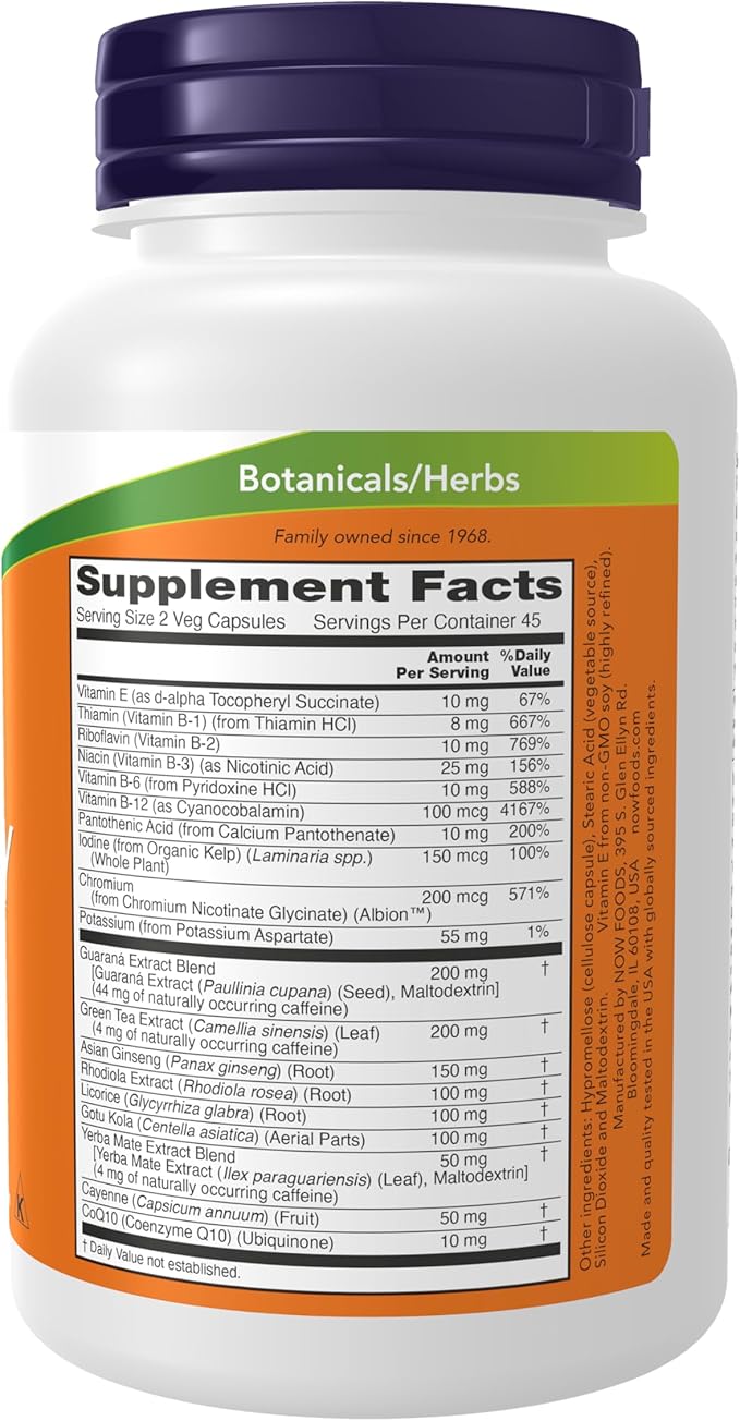 NOW Foods Supplements, Energy Dietary Supplement (lncludes B Vitamins, Green tea, Panax Ginseng and Rhodiola), 90 Capsules