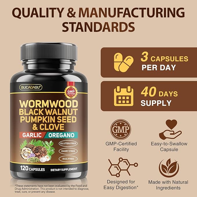 Wormwood Black Walnut Clove Cleanse for Humans - Natural Gut Cleanse & Digestive Health with Pumpkin Seed Garlic Oregano Neem Papaya Turmeric Diatomaceous Earth Probiotic Supplement Vegan Capsules