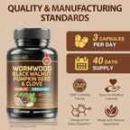 Wormwood Black Walnut Clove Cleanse for Humans - Natural Gut Cleanse & Digestive Health with Pumpkin Seed Garlic Oregano Neem Papaya Turmeric Diatomaceous Earth Probiotic Supplement Vegan Capsules