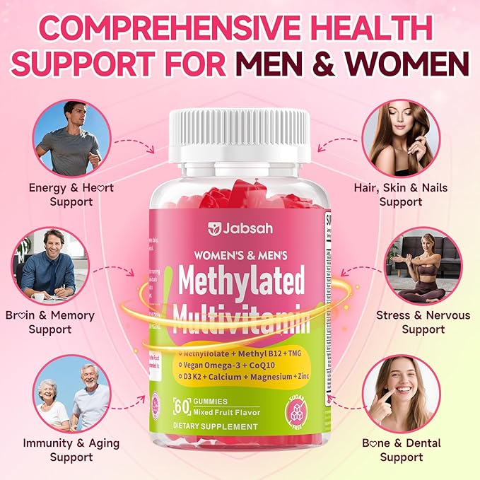 Methylated Vitamin B Complex Gummies for Women & Men, Multivitanins Gummy with Vitamin A, C ,E, Methylfolate & B12, TMG, Calcium, D3 K2, Magnesium & More for Overall Health-Vegan, Sugar Free,120 Cts