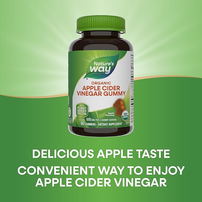 Nature’s Way Organic Apple Cider Vinegar Gummies, 500 mg Organic Apple Cider Vinegar per 2-Gummy Serving, Apple Flavored, 60 Gummies (Packaging May Vary)