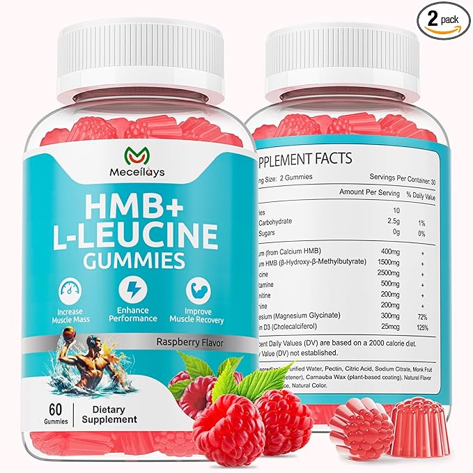 2 Pack Hmb and Leucine Gummies Supplements for Men Women, 4000mg HMB & L-Leucine Amino Acid for Muscle Growth & Fast Work0ut Recovery, Non-GMO, Gluten-Free, Raspberry Flavor,120 Count