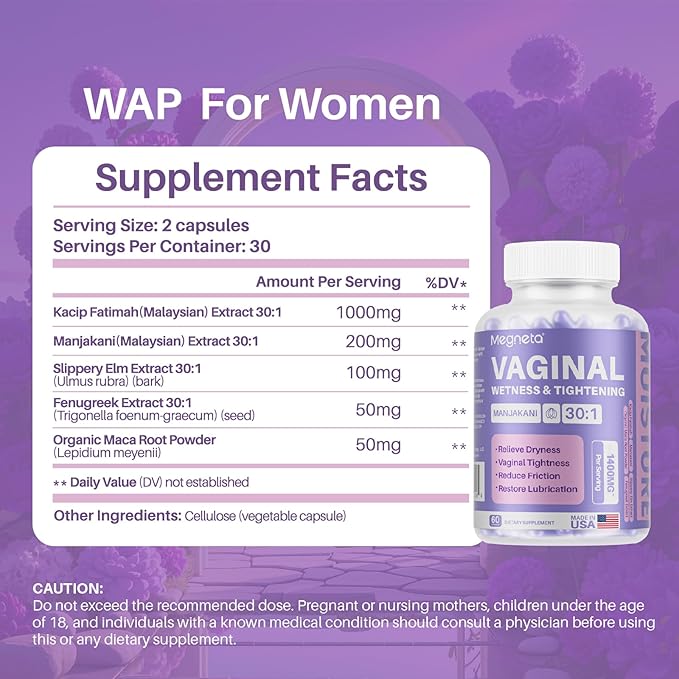 2 Packs Vaginal Tightening Capsules for Women – Kacip Fatimah, Manjakani & Slippery Elm – Support pH Balance, Vaginal Moisture & Elasticity – 120 Vegan Capsules