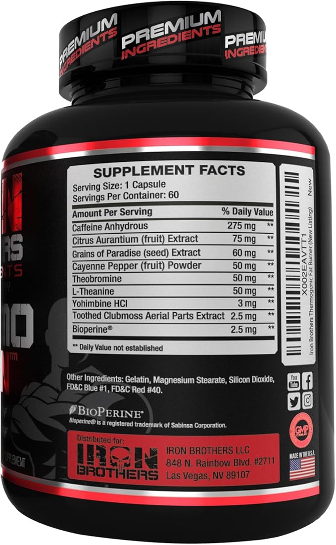 Iron Brothers Thermo Burn Hardcore Fat Burner – High Stim Thermogenic with Yohimbine HCl, Grains of Paradise & Caffeine – Metabolism Booster & Appetite Control – 60 Capsules