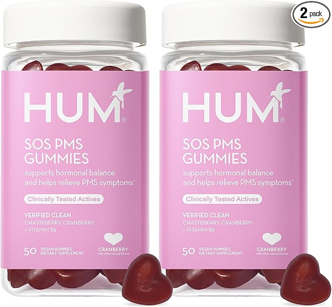 HUM Nutrition SOS PMS Gummies, Helps Relieve PMS Symptoms, Bloating Relief, Mood Swings, Hormonal Balance with Chasteberry Vitex PMS Gummies (100-Count)