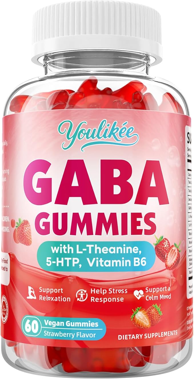 GABA Gummies 500mg with L-Theanine, 5-HTP, Vitamins B6, B12, D3 and Ashwagandha, Melatonin-Free, GABA Supplements for Adult, Sugar-Free, Strawberry Flavor, 60 Count