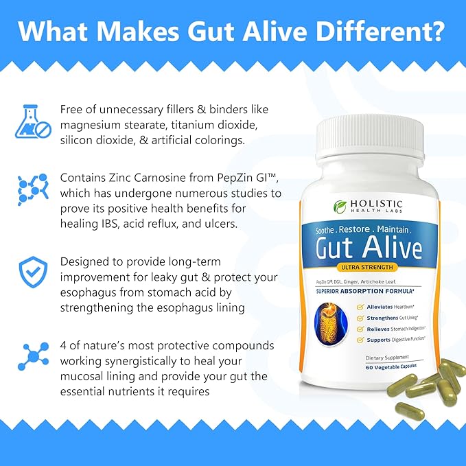 Holistic Health Labs Gut Alive - All Natural Support to Fight IBS, Heartburn, Acid Indigestion, Acid Reflux, Bloating & Gas. Unique Formulation (60 Count (Pack of 2))