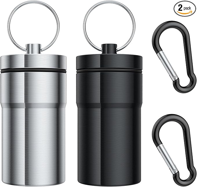 Urekt Portable Pill Case Keychain (2 Pack), Large Waterproof Aluminum Pill Box for Round Glucose Tablets & Critical Medicine, Small Pill Holder Travel Pill Container Bottle with Carabiners