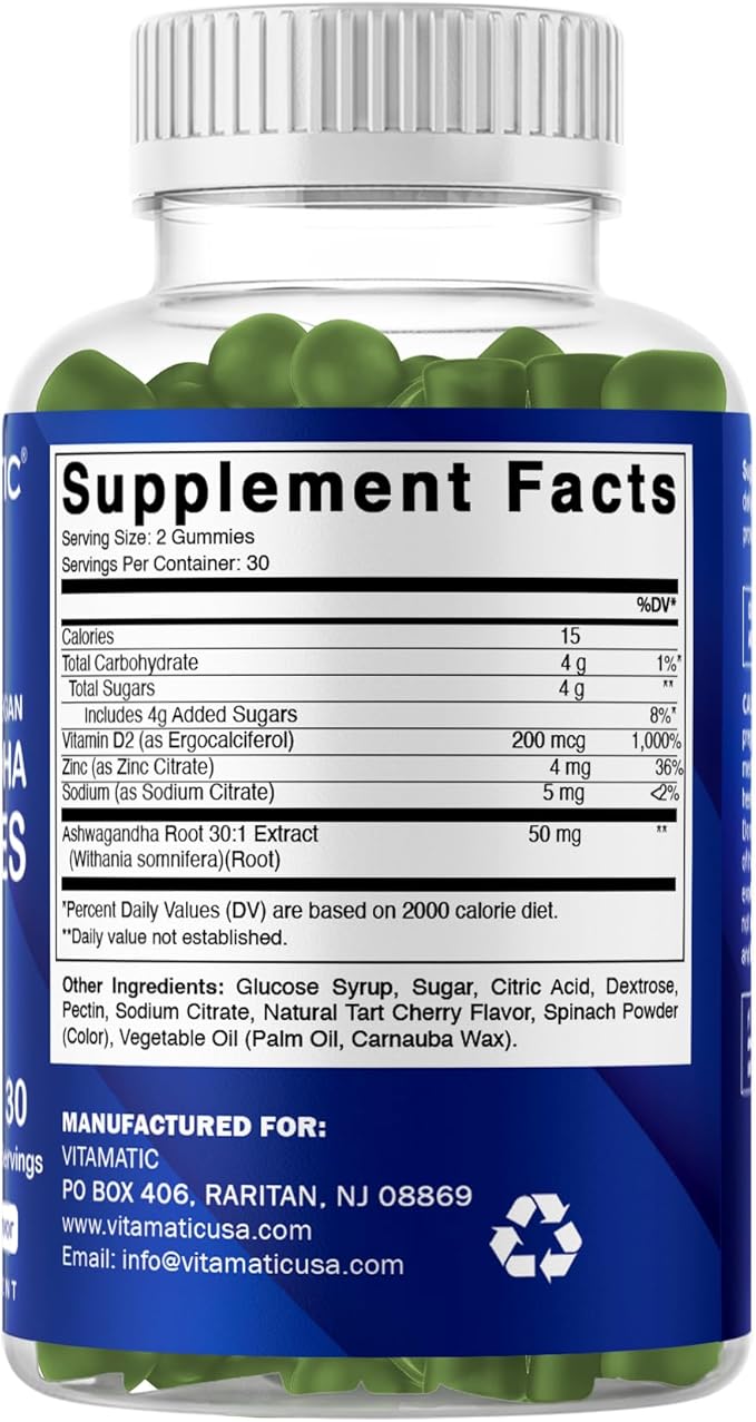 Vitamatic Ashwagandha 30:1 Extract 50 mg per Serving – Concentrated Ashwagandha Root Extract with Withanolides – Vegan Herbal Supplement – Non-GMO, Gluten Free – 60 Gummies