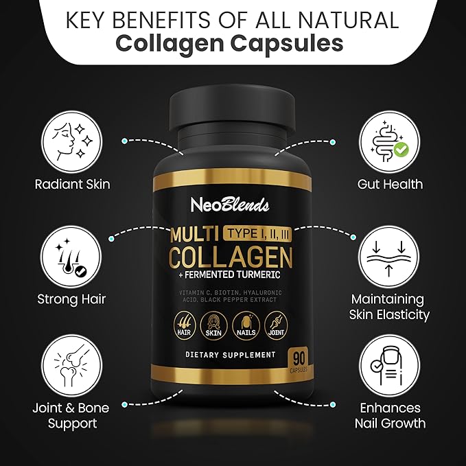 Multi Collagen + Fermented Turmeric – Hydrolyzed Collagen Types I, II & III with Biotin, Hyaluronic Acid & Vitamin C – Skin, Hair, Nail & Joint Support – 90 Capsules