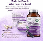 Purity Labs Trans-Resveratrol Supplement 5,000 mg Equivalent per Serving with Quercetin, USDA Organic High Potency Antioxidant, Vegan Capsules, 90 Count