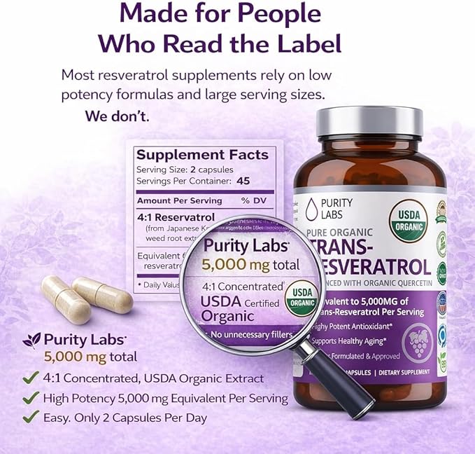 Purity Labs Trans-Resveratrol Supplement 5,000 mg Equivalent per Serving with Quercetin, USDA Organic High Potency Antioxidant, Vegan Capsules, 90 Count