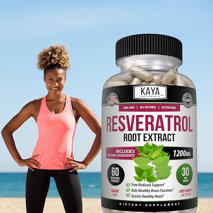 Kaya Naturals - Resveratrol Capsules - Anti Aging Supplement - Antioxidants with Brain Support - Maximum Benefits - 60 Veggies Capsules