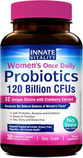 Innate Vitality Women's Probiotics, 120 Billion CFU, 32 Tested Strains, Probiotics for Women, Yeast Control, Vaginal pH Support, Prebiotics, Digestive Enzymes, Cranberry, Once Daily 30 Veggie Capsules