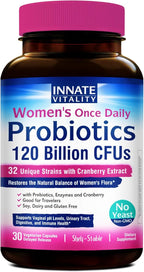 Innate Vitality Women's Probiotics, 120 Billion CFU, 32 Tested Strains, Probiotics for Women, Yeast Control, Vaginal pH Support, Prebiotics, Digestive Enzymes, Cranberry, Once Daily 30 Veggie Capsules