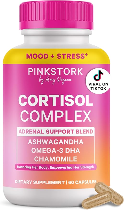 Pink Stork Cortisol Supplements for Women - Adaptogenic Adrenal Support & Hormone Balance with Organic Ashwagandha, Omega 3 DHA, Saffron, Multivitamins - Mood Support - 60 Count