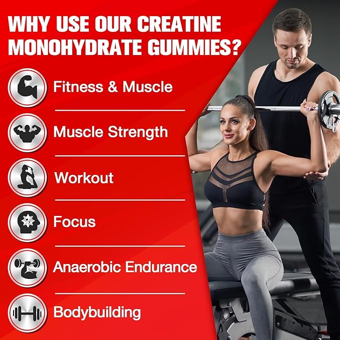 Creatine Monohydrate Gummies for Men & Women - Creatine Pre-Workout Gummies with Taurine & Vitamin B6 B12 for Maximum Strength, Muscle, Energy, Endurance & Focus, Organic, Vegan-60 Count