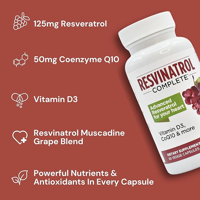 Capsules, 60 Count- Resveratrol Supplement Supports Healthy Aging, Heart Health, and Immune Function with Quercetin, Grape Seed Extract, Vitamin D3 and CoQ10