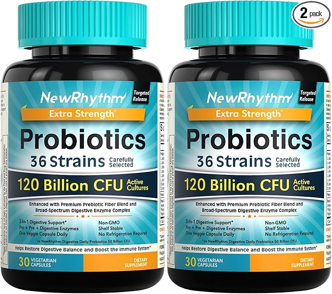 NewRhythm Probiotics 120 Billion CFU 36 Strains, 3-in-1 Probiotics for Digestive Health & Immune Support with Prebiotics & Enzymes, Probioticos for Women & Men, Vegan Targeted Release Supplement, 60ct